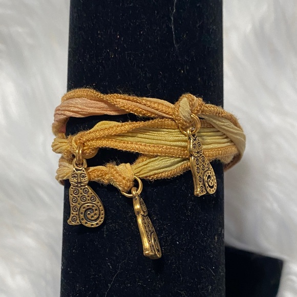 Handmade Jewelry - Golden Cat Charm Bracelet on silk cord